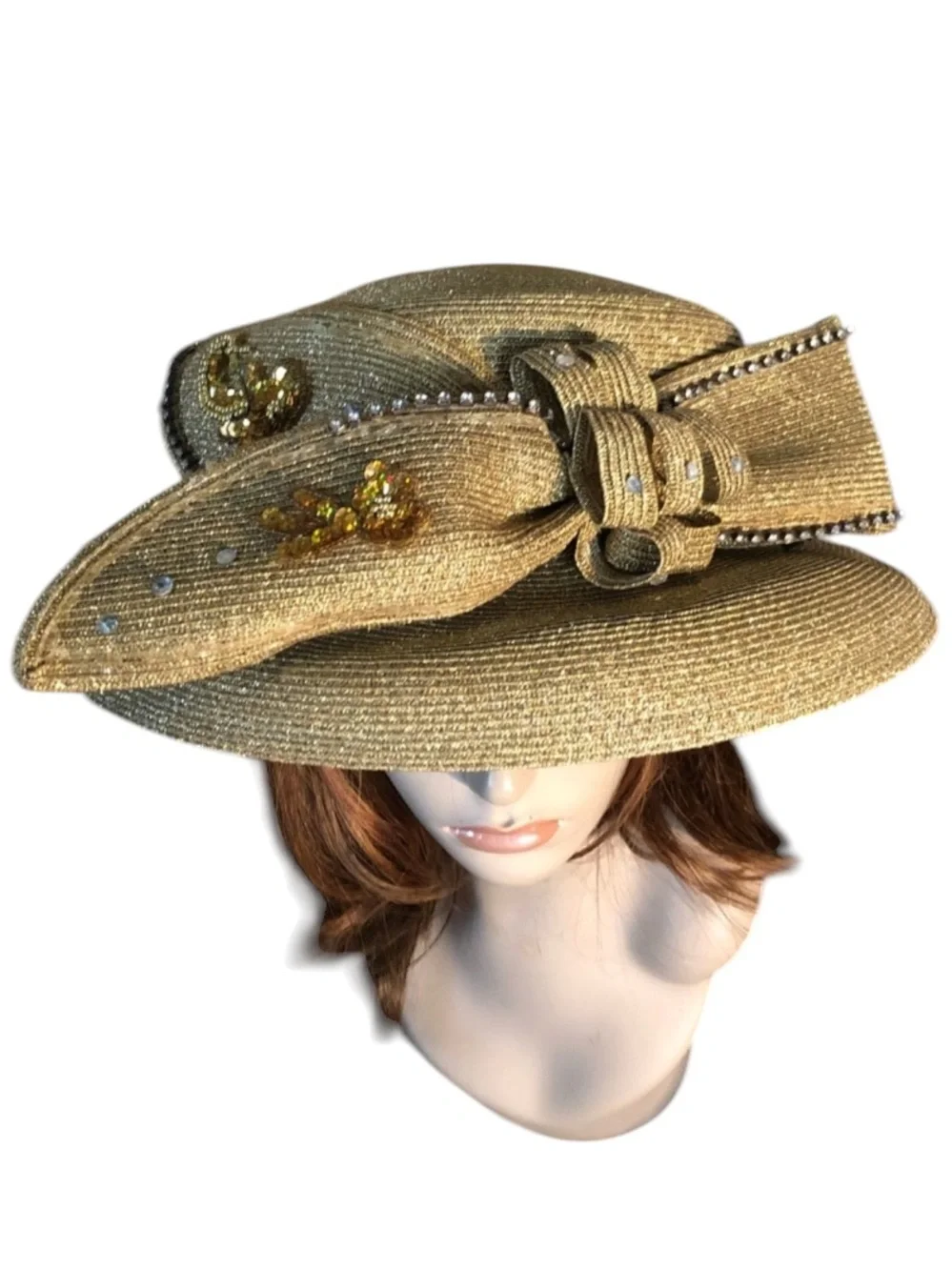 Vintage Wide Brim Embellished Gold Metallic Hat - Picture 1 of 11